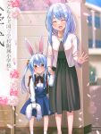  2girls :&lt; :d animal_ear_fluff animal_ears bangs bead_necklace beads black_dress blue_hair blue_skirt blush bow bowtie bunny-shaped_pupils bunny_ears carrot_hair_ornament closed_eyes collared_shirt commentary_request creature crying crying_with_eyes_open don-chan_(usada_pekora) dress dress_shirt facing_viewer feet_out_of_frame flower food_themed_hair_ornament hair_between_eyes hair_ornament highres holding holding_creature holding_hands hololive jacket jewelry long_hair long_sleeves looking_at_viewer magowasabi multiple_girls necklace open_mouth orange_eyes pekomama petals pink_flower rabbit_girl red_bow red_neckwear shirt short_eyebrows sidelocks signature skirt smile socks standing suspender_skirt suspenders tears thick_eyebrows twintails twitter_username usada_pekora virtual_youtuber white_jacket white_legwear white_shirt younger 