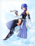  1girl aqua_(kingdom_hearts) bare_shoulders black_legwear blue_eyes blue_hair breasts closed_mouth detached_sleeves fingerless_gloves gloves kingdom_hearts kingdom_hearts_birth_by_sleep looking_at_viewer medium_breasts short_hair sleeveless smile solo thighhighs turtleneck 