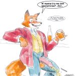  2021 alcohol anthro balls beer beverage blush bodily_fluids canid canine drunk english_text erection foreskin fox genital_fluids genitals henry_(old_speckled_hen) hi_res holding_glass holding_object humanoid_genitalia humanoid_penis male mammal old_speckled_hen papyreit peeing penis penis_through_fly poking_out solo substance_intoxication text uncut urine watersports 
