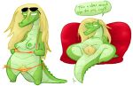  2020 alligator alligatorid anthro belly bikini blonde_hair blonde_pubes breasts caimon clothing crocodilian dialogue english_text eyewear female flashing_breasts green_body green_eyes hair inviting looking_at_viewer lyin lying monstro_village multiple_poses nightmarebros non-mammal_breasts nude on_back pose pubes reptile scalie simple_background solo speech_bubble standing sunglasses swimwear talking_to_viewer text the_weaver white_background 