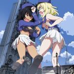  3girls andou_(girls_und_panzer) bangs bc_freedom_military_uniform black_bra black_hair black_panties blonde_hair blue_eyes blue_headwear blue_jacket blue_sky bra breasts brown_eyes building car cleavage clenched_hand cloud cloudy_sky crotch_seam dark_skin day fighting frown ft-17 giant giantess girls_und_panzer ground_vehicle hair_pull hat jacket kepi kuro_oolong long_sleeves looking_at_another marie_(girls_und_panzer) medium_breasts medium_hair messy_hair military military_hat military_uniform miniskirt motor_vehicle multiple_girls navel one_eye_closed open_mouth oshida_(girls_und_panzer) outdoors panties pleated_skirt punching sitting skirt sky standing standing_on_one_leg torn_clothes torn_jacket torn_skirt twitter_username underboob underwear uniform white_panties white_skirt work_in_progress 