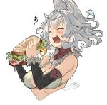  1girl animal_ears blush bread breasts check_copyright cleavage closed_eyes copyright_request cropped_torso croriin eating food grey_hair highres lettuce meat open_mouth original sandwich short_hair signature simple_background solo upper_body white_background 