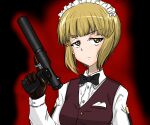  1girl absurdres b&amp;t_vp9 bangs bartender black_gloves black_neckwear blonde_hair blunt_bangs bob_cut bow bowtie brown_vest closed_mouth cutlass_(girls_und_panzer) dress_shirt eyebrows_visible_through_hair frown girls_und_panzer glaring gloves gun half-closed_eyes handgun handkerchief highres holding holding_gun holding_weapon long_sleeves looking_at_viewer maid_headdress moesenyukikaze school_uniform shirt short_hair solo strap suppressor trigger_discipline vest weapon welrod_mk2 white_shirt wing_collar yellow_eyes 