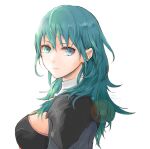  1girl bangs blue_eyes blue_hair breasts byleth_(fire_emblem) byleth_(fire_emblem)_(female) closed_mouth fire_emblem fire_emblem:_three_houses from_side hair_between_eyes lens_flare long_hair looking_at_viewer medium_breasts robaco shiny shiny_hair simple_background smile solo straight_hair upper_body white_background 