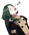  1boy black_jacket closed_eyes commentary crimsonsnows english_commentary fire_emblem fire_emblem:_three_houses garreg_mach_monastery_uniform green_hair jacket juliet_sleeves linhardt_von_hevring long_hair long_sleeves male_focus puffy_sleeves sleeping transparent_background upper_body zzz 