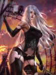  1girl android armlet black_gloves black_shorts blue_eyes breasts cleavage elbow_gloves ferris_wheel gloves highres holding holding_sword holding_weapon joints long_hair nier_(series) nier_automata pod_(nier_automata) robot_joints shorts silver_hair sky sunset sword tank_top thighs weapon yam_spectrum yorha_type_a_no._2 