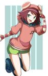  1girl :d bangs boots elbow_gloves eyebrows_visible_through_hair fingerless_gloves full_body gin_moku gloves green_eyes highres hood hoodie looking_at_viewer mega_man_(series) mega_man_star_force musical_note open_mouth pink_hair short_hair shorts simple_background smile solo sonia_strumm_(mega_man) 