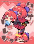  &gt;_&lt; 3girls black_shirt blue_bow bow cloak commentary_request disembodied_head eyebrows_visible_through_hair hair_bow hand_on_another&#039;s_head highres key long_sleeves moyazou_(kitaguni_moyashi_seizoujo) multiple_girls puzzle_piece red_cloak red_eyes red_hair red_skirt sekibanki shirt short_hair skirt touhou translation_request 