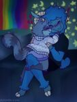  &lt;3 alpaca ambiguous_gender anthro bed blue_body blue_fur blue_wool blush bottomwear bovid camelid caprine clothing cuddling dark duo female female/female fur furniture hi_res horn hug hybrid invalid_tag lgbt_pride mammal milkshake-lion night nose_kiss on_bed pajamas pawpads paws pride_colors procyonid purple_pawpads raccoon sheep shirt shorts skirt star sweater t-shirt topwear wool_(fur) 