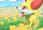  absurdres animal_focus blue_sky cloud commentary_request day fangs fennekin field flower flower_field fox_heart full_body gen_6_pokemon grass happy highres looking_up no_humans open_mouth outdoors path petals pokemon pokemon_(creature) red_eyes road sky smile solo standing yellow_flower 