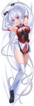  1girl absurdres armpits arms_up breasts cleavage cleavage_cutout clothing_cutout covered_navel dakimakura_(medium) dress_shirt elbow_gloves eyebrows_visible_through_hair from_above gloves hair_between_eyes highres leotard long_hair looking_at_viewer lying nyanmaru on_back open_mouth purple_eyes senki_zesshou_symphogear shirt silver_hair sleeveless sleeveless_shirt solo thighhighs very_long_hair white_gloves white_legwear white_shirt yukine_chris 