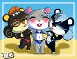  agent_s_(animal_crossing) animal_crossing anthro beach bikini black_body black_fur blaire_(animal_crossing) blush clothing eyewear female fur glasses grey_body grey_fur group hat headgear headwear hi_res jackintaro mammal nintendo orange_eyes rodent sand sciurid seaside swimwear tasha_(animal_crossing) video_games 