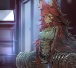  1girl abs animal_ear_fluff animal_ears animal_nose bangs barbell bare_shoulders black_shorts blush breasts breath cleavage collarbone door exercise eyebrows_visible_through_hair fox_ears fox_girl fox_tail furry groin highres holding indoors light_blush long_hair medium_breasts micro_shorts navel open_mouth orange_eyes original red_fur red_hair shorts sketch snout solo sports_bra stomach sweat tail toned two-tone_fur utta v-shaped_eyebrows weightlifting white_fur white_sports_bra 