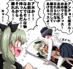  0_0 2girls all_fours alternate_hairstyle anchovy_(girls_und_panzer) anzio_school_uniform bikini black_hair blush braid commentary dakimakura_(object) drill_hair flying_sweatdrops frown girls_und_panzer green_hair hair_down hair_ribbon highres long_hair looking_at_another motion_lines multiple_girls omachi_(slabco) open_mouth orange_bikini pepperoni_(girls_und_panzer) pillow red_eyes ribbon school_uniform shadow short_hair side-tie_bikini side_braid smile sweatdrop swimsuit translated twin_drills twintails white_background 
