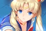  1girl bishoujo_senshi_sailor_moon blonde_hair blue_eyes blue_sailor_collar breasts choker circlet cleavage crescent crescent_earrings earrings hair_bun hair_intakes hair_ornament heart heart_choker jewelry long_hair looking_at_viewer parted_lips red_choker sailor_collar sailor_moon sailor_moon_redraw_challenge sailor_senshi_uniform shiny shiny_hair shirt small_breasts solo sparkle trianon twitter_username upper_body white_shirt 