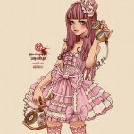  1girl aqua_eyes bangs blunt_bangs blush bow cowboy_shot dress frills heart hideyuki_mori lolita_fashion long_hair original phone pink_bow pink_dress purple_hair rotary_phone smile solo tan_background thighhighs 