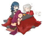  3girls blue_eyes blue_hair brown_skirt byleth_(fire_emblem) byleth_(fire_emblem)_(female) closed_eyes crop_top dress edelgard_von_hresvelg fire_emblem fire_emblem:_three_houses food fruit grin heart kotatsu leaning_forward long_hair mandarin_orange midriff miniskirt multiple_girls petra_macneary print_skirt red_dress red_hair robaco shiny shiny_hair side_ponytail silver_hair simple_background sitting sketch skirt smile table under_kotatsu under_table white_background 