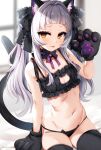  1girl :p animal_ear_fluff animal_ears bangs bare_arms bare_shoulders black_bra black_gloves black_legwear black_neckwear black_panties black_ribbon blush bra cat_ears cat_lingerie cat_tail choker flat_chest gloves hair_ornament hair_ribbon hololive long_hair looking_at_viewer marota meme_attire murasaki_shion navel no_pants orange_eyes panties paw_gloves paws ribbon silver_hair sitting smile solo tail thighhighs tongue tongue_out underwear virtual_youtuber 