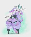  balls big_butt breasts butt genitals gynomorph hair hair_over_eye hi_res huarbodraw huge_butt intersex league_of_legends not_furry one_eye_obstructed penis purple_body riot_games short_stack solo thick_thighs tristana_(lol) video_games yordle 