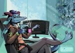  anthro beverage chair clothing coffee craft_rabbit_(artist) crossed_legs dragon fern flower furniture hi_res horn jacket male monitor office_chair patchcraft plant solo topwear window wings 