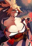  1girl amputee baiken bandages big_hair black_kimono breasts cleavage collarbone cup eyepatch facial_tattoo guilty_gear guilty_gear_xrd holding holding_cup japanese_clothes kataginu katana kimono large_breasts multicolored multicolored_clothes multicolored_kimono off_shoulder one-eyed open_clothes open_kimono outdoors pink_hair pink_seito ponytail samurai sash scar scar_across_eye sword tattoo tree weapon white_kimono yunomi 