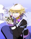  1boy bangs black_sweater blonde_hair collared_shirt earrings fingernails hand_up jewelry long_sleeves miki_0 original parted_lips purple_eyes purple_shirt sharp_fingernails shirt short_hair smile smoke solo sweater upper_body 