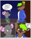  anthro blue_eyes brown_body brown_eyes brown_fur canid canine canis clothing comic dialogue dragov duo ear_piercing fur green_hair grey_body grey_fur hair hi_res kingdraws male mammal mouse murid murine piercing rodent size_difference wolf 