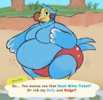  260 animal_crossing anthro avian beach belly belly_tuft big_belly big_butt bird blue_body blue_sky blue_tail blue_tail_feathers bulge butt clothed clothing columbid dialogue dodo earpiece english_text eyebrows front_view grass hi_res inviting looking_up male moobs motion_lines navel nintendo obese obese_anthro obese_male orville_(animal_crossing) overweight overweight_anthro overweight_male plant raised_eyebrow sand seaside shoreline sky smile solo speech_bubble speedo standing swimwear talking_to_viewer text topless topless_male tree tuft video_games walking wave wide_hips 