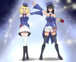  2girls absurdres adapted_costume andou_(girls_und_panzer) arm_behind_back arm_up bangs bc_freedom_(emblem) black_footwear black_hair black_legwear blonde_hair blouse blue_blouse blue_bow blue_eyes blue_headwear blue_neckwear blue_shirt blue_sleeves boots bow bowtie brown_eyes coattails collar commentary_request cross-laced_footwear crossed_legs dark_skin detached_collar detached_sleeves diagonal-striped_neckwear diagonal_stripes double_horizontal_stripe emblem eyebrows_visible_through_hair flower french_commentary frilled_legwear frilled_skirt frilled_sleeves frills full_body garters girls_und_panzer girls_und_panzer_senshadou_daisakusen! grin hat high_collar highres holding holding_flower idol kepi knee_boots lace-up_boots looking_at_viewer medium_hair messy_hair military_hat miniskirt multiple_girls necktie official_alternate_costume open_mouth oshida_(girls_und_panzer) outstretched_arm partial_commentary pleated_skirt red_bow red_flower red_neckwear red_rose rose shibainutank shirt short_shorts shorts skirt smile sparkle standing strapless strapless_shirt striped striped_neckwear thighhighs tilted_headwear white_collar white_legwear white_shorts white_skirt 