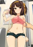  1boy 1girl ass_visible_through_thighs assisted_exposure bag blush breasts brown_eyes brown_hair cellphone covered_nipples from_below haruhisky highres light_blush medium_breasts navel nipples one_breast_out phone raised_eyebrows ribbon short_hair short_shorts shorts shoulder_bag smartphone solo_focus suzumiya_haruhi suzumiya_haruhi_no_yuuutsu thong yellow_ribbon 