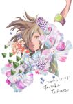  1girl arm_up brown_eyes brown_hair floating_hair flower hair_over_one_eye haruka_toshimitsu illustration.media orange_flower original parted_lips purple_flower signature solo spikes white_flower 