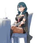  1girl bangs black_footwear black_shorts blue_eyes blue_hair boots brown_legwear byleth_(fire_emblem) byleth_(fire_emblem)_(female) closed_mouth crop_top cup detached_collar fire_emblem fire_emblem:_three_houses hair_between_eyes hand_on_own_knee knee_boots lens_flare long_hair midriff navel pantyhose robaco shiny shiny_hair short_shorts shorts signature sitting sketch solo stomach teacup white_background 