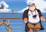  2021 absurd_res anthro belly big_belly bottomwear camera clothing detailed_background felid fur hi_res humanoid_hands kemono male mammal orange_body orange_fur outside overweight overweight_anthro overweight_male pantherine piero03432812 shirt shorts solo tiger topwear water white_body white_fur 