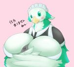  anthro avian beak between_breasts big_breasts bird blush breast_smother breasts cleavage cleavage_overflow clothed clothing dialogue duo ester_(sutasl) feather_hands feathers female green_body green_eyes green_feathers hi_res hug huge_breasts japanese_text maid_uniform non-mammal_breasts open_mouth simple_background smile smothering sutasl text uniform 