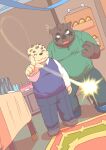  2021 anthro bottomwear brown_body brown_fur canid canine clothing detailed_background duo eyes_closed fur humanoid_hands inside magic male mammal misterdonn overweight overweight_male pants shirt surprise topwear 