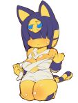  2021 :&lt; absurd_res alternate_hairstyle animal_crossing ankha_(animal_crossing) ankle_guards anthro bangs big_breasts blue_hair blunt_bangs blush bodily_fluids breasts domestic_cat felid feline felis female fukurou0807 fur hair hair_over_eyes hi_res kneeling mammal medium_hair nintendo simple_background solo striped_tail stripes sweat uraeus video_games white_background wraps wrist_guards yellow_body yellow_fur 