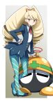  1girl big_hair blonde_hair blue_legwear closed_mouth drill_hair full_body gin_moku hand_on_hip highres long_hair luna_platz_(mega_man) mega_man_(series) mega_man_star_force met_(mega_man) necktie pantyhose ribbon simple_background striped striped_legwear sweatdrop twin_drills twintails yellow_eyes 