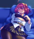  1girl ahoge bangs belt belt_buckle black_belt black_bra black_legwear black_skirt bra breasts buckle closed_mouth eyebrows_visible_through_hair fate/grand_order fate_(series) fujimaru_ritsuka_(female) hair_between_eyes hair_ornament hair_scrunchie highres indoors jacket long_sleeves looking_at_viewer lying medium_hair miniskirt on_back open_clothes open_jacket orange_eyes pantyhose pillow pleated_skirt red_hair scrunchie shiny shiny_hair side_ponytail skirt small_breasts solo taru_neko underwear white_jacket yellow_scrunchie 