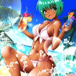  1girl aqua_hair bangs beach bikini breasts dark_skin dark_skinned_female day dr_rex dutch_angle eyebrows_visible_through_hair glass looking_at_viewer medium_breasts open_mouth original outdoors palm_tree short_hair side-tie_bikini solo swimsuit tree yellow_eyes 