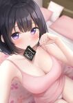  1girl armpits bare_arms bare_shoulders bed black_hair blurry breasts camisole cleavage clenched_hand condom condom_wrapper depth_of_field hand_up karutamo large_breasts looking_at_viewer mouth_hold no_pants on_bed original panties pillow pink_shirt purple_eyes selfie shirt short_hair sidelocks sitting sleeveless sleeveless_shirt solo spaghetti_strap thighs underwear white_panties 