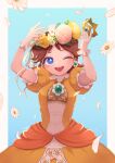  1girl arms_up blue_eyes crown crown_removed dress earrings flower flower_earrings gloves head_wreath highres holding_crown jewelry mario_(series) one_eye_closed open_mouth orange_dress pink_flower princess_daisy puffy_short_sleeves puffy_sleeves short_sleeves smile solo white_flower white_gloves yellow_flower yuckak3 