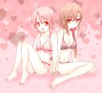  2girls :d barefoot bra breasts brown_eyes brown_hair cleavage collarbone eyebrows_visible_through_hair full_body gakkou_gurashi! grey_bra grey_panties hair_intakes hair_ornament hair_over_shoulder hair_scrunchie hand_on_hand heart heart_background long_hair ma_tsukasa medium_breasts multiple_girls open_mouth panties pink_background pink_bra pink_panties red_eyes red_scrunchie scrunchie small_breasts smile takeya_yuki underwear underwear_only wakasa_yuuri 