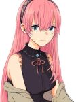  1girl bare_shoulders black_shirt blue_eyes hairband jacket light_smile long_hair looking_at_viewer megurine_luka moa0291 open_clothes open_jacket pink_hair shirt sleeveless sleeveless_shirt upper_body very_long_hair vocaloid white_background 