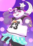  2021 alp_(tas) anthro blush bottomwear clothing fur giant_panda hat headgear headwear hi_res humanoid_hands kemono male mammal moon one_eye_closed overweight overweight_anthro overweight_male purple_body purple_fur pute_819 shorts solo star text tokyo_afterschool_summoners ursid video_games white_body white_fur wink 