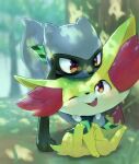  1boy animal_ear_fluff animal_ears bandana black_fur blue_fur blush body_fur child closed_mouth commentary_request dappled_sunlight day fang fennekin forest fox_heart full_body fushigi_no_dungeon gen_4_pokemon gen_6_pokemon grass green_neckwear happy highres jpeg_artifacts leaning_forward light_blush looking_at_another looking_up male_focus nature one_eye_closed open_mouth outdoors pokemon pokemon_(creature) pokemon_(game) pokemon_mystery_dungeon red_eyes riolu sitting smile standing sunlight tail tree two-tone_fur wolf_boy wolf_tail 