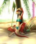  beach clothed clothing coconut drake_drachenlicht drauk drupe_(fruit) ever_oasis female flat_chested food fruit hi_res miura nintendo palm_tree patreon plant red_body seaside solo text tree url video_games 