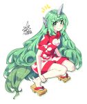  1girl bangs closed_mouth collared_shirt commentary_request curly_hair eyebrows_visible_through_hair full_body geta green_eyes green_hair heart highres horns kariyushi_shirt komainu komano_aunn long_hair looking_at_viewer partial_commentary red_shirt shirt short_sleeves shorts signature simple_background single_horn smile solo squatting touhou umigarasu_(kitsune1963) very_long_hair white_background white_shorts 