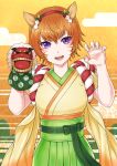  1girl :d animal_ears bangs brown_hair fake_animal_ears fingernails fire_emblem fire_emblem:_path_of_radiance green_hakama hair_between_eyes hairband hakama japanese_clothes kimono lethe_(fire_emblem) looking_at_viewer open_mouth paw_pose purple_eyes red_hairband sharp_fingernails shiny shiny_hair short_hair slit_pupils smile solo soyo2106 standing yellow_kimono 