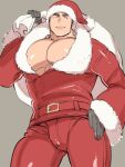  1boy alternate_costume alternate_pectoral_size bara bulge christmas cowboy_shot cutiebell fur-trimmed_jacket fur_trim gift_bag hand_on_hip hat jacket large_pectorals long_sideburns looking_at_viewer male_cleavage male_focus master_3_(tokyo_houkago_summoners) muscular muscular_male one_eye_closed pants pectorals red_pants santa_costume santa_hat short_hair sideburns solo thick_eyebrows thick_thighs thighs tokyo_houkago_summoners 
