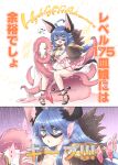  1girl animal_ears argyle_dress bangs black_footwear blue_eyes blue_hair blush bracelet breasts cat_ears cleavage commentary_request covered_navel detached_sleeves eye_mask eyebrows_visible_through_hair full_body fur_collar goinkyo hair_between_eyes heart heart-shaped_pupils highres implied_sex jewelry large_breasts long_hair looking_at_viewer mizuki_takehito musical_note necklace open_mouth poring ragnarok_online ring_fit_adventure sandals see-through sitting sorcerer_(ragnarok_online) spoken_musical_note symbol-shaped_pupils tail tentacles translation_request upper_body white_background white_sleeves 